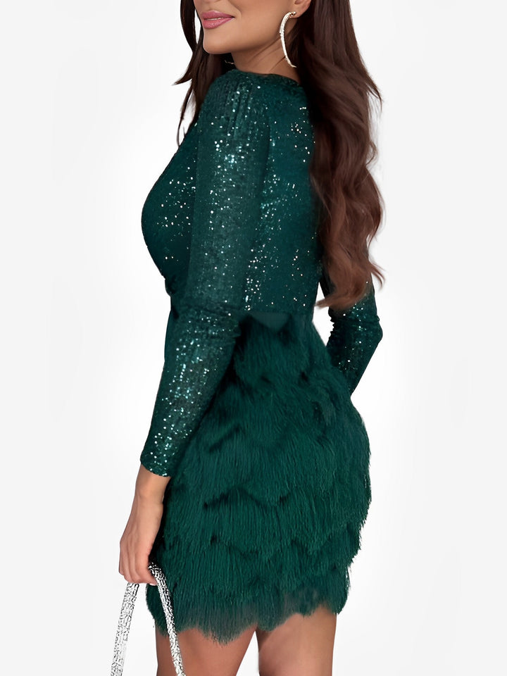 Hermine Ducasse sequin wrap mini dress with a deep V neckline and tiered fringe skirt