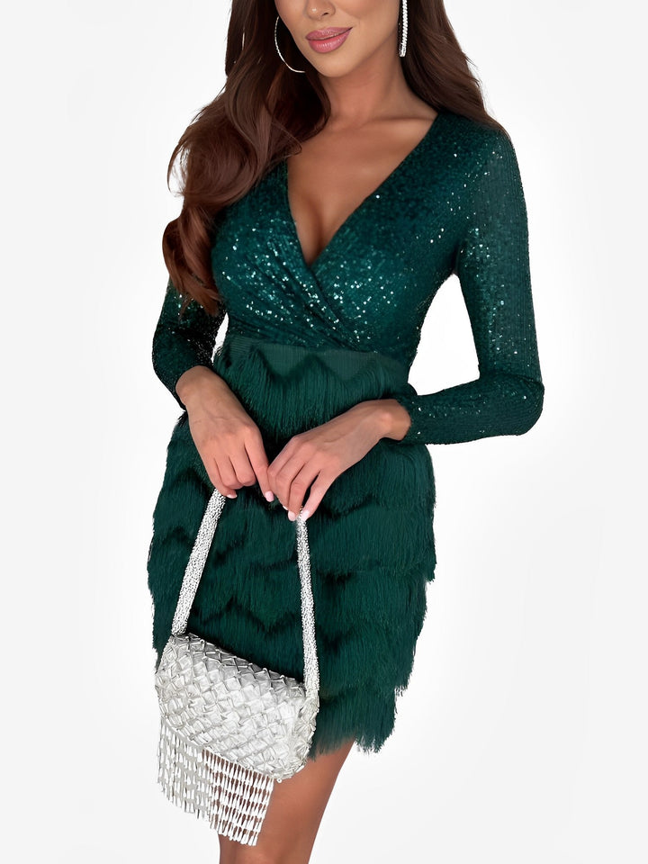 Hermine Ducasse sequin wrap mini dress with a deep V neckline and tiered fringe skirt