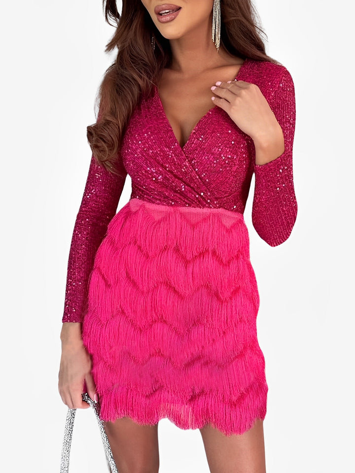 Hermine Ducasse sequin wrap mini dress with a deep V neckline and tiered fringe skirt