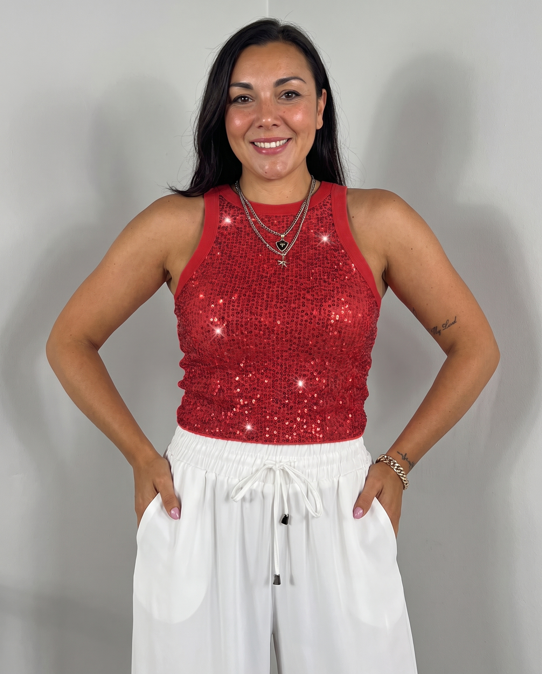 Sidonie Chapelain | Sparkly Sequin Halter Neck Sleeveless Ribbed Tank Top