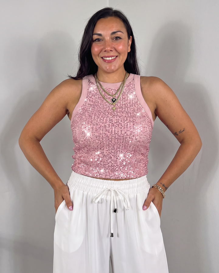 Sidonie Chapelain | Sparkly Sequin Halter Neck Sleeveless Ribbed Tank Top