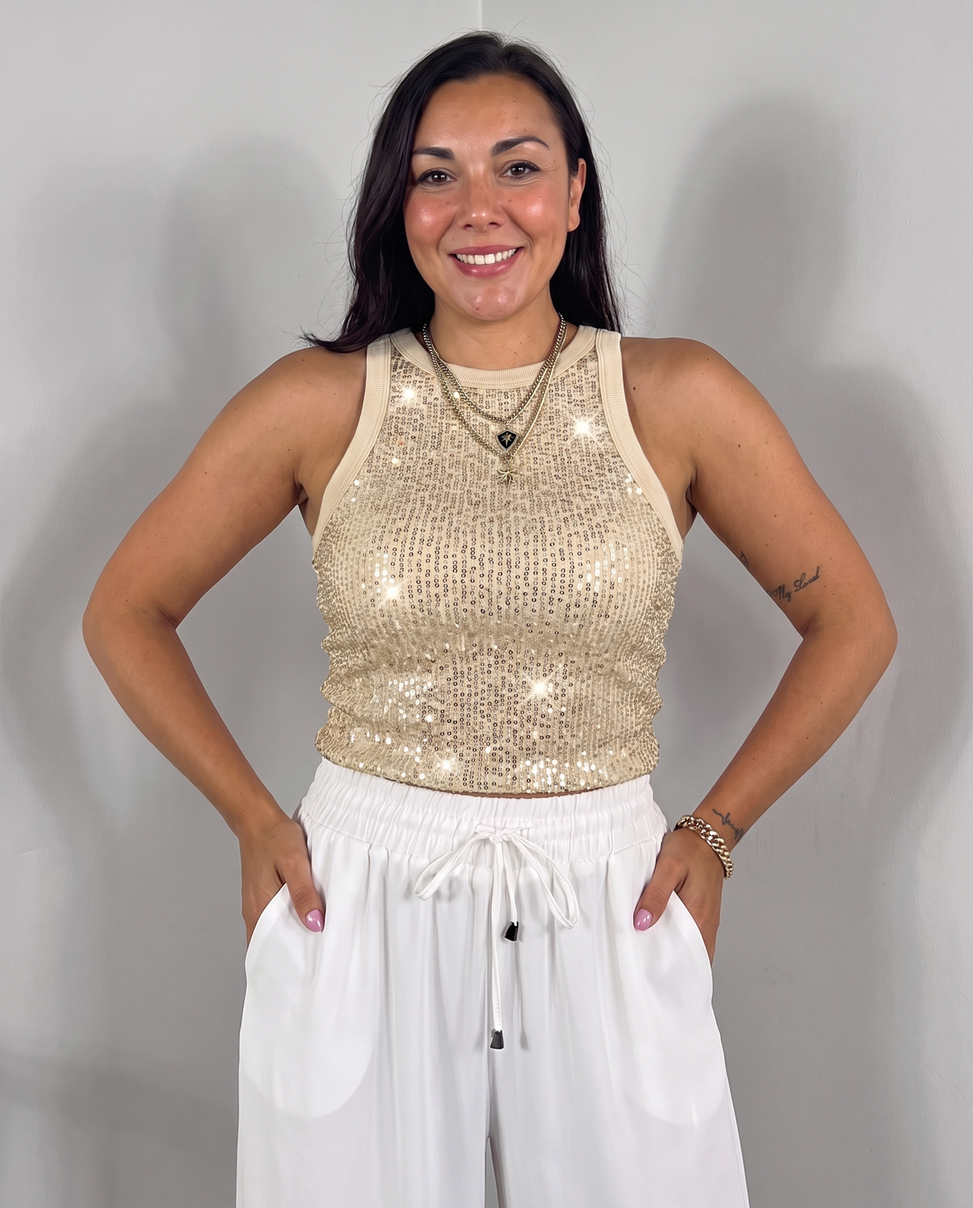 Sidonie Chapelain | Sparkly Sequin Halter Neck Sleeveless Ribbed Tank Top