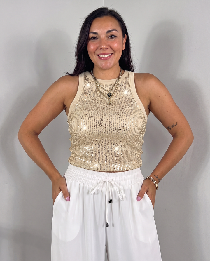 Sidonie Chapelain | Sparkly Sequin Halter Neck Sleeveless Ribbed Tank Top