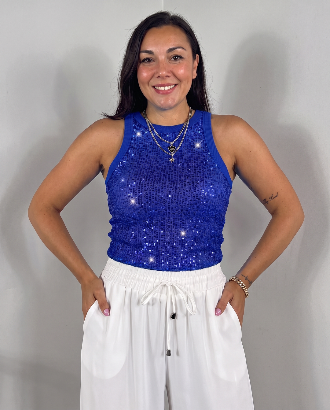 Sidonie Chapelain | Sparkly Sequin Halter Neck Sleeveless Ribbed Tank Top