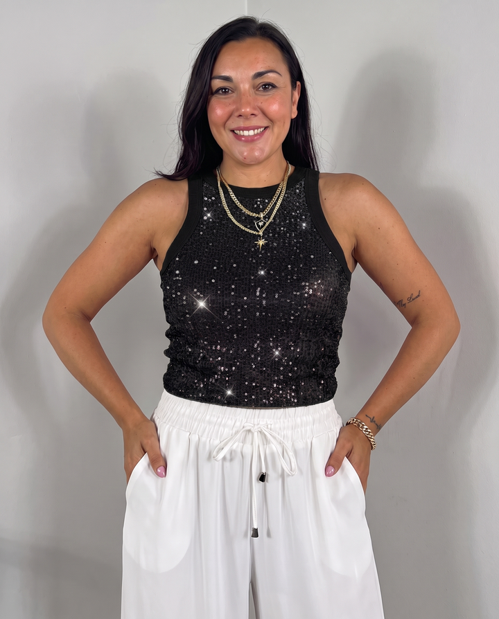 Sidonie Chapelain | Sparkly Sequin Halter Neck Sleeveless Ribbed Tank Top