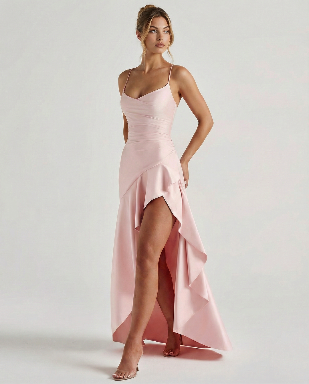 Woman wearing satin high low maxi dress