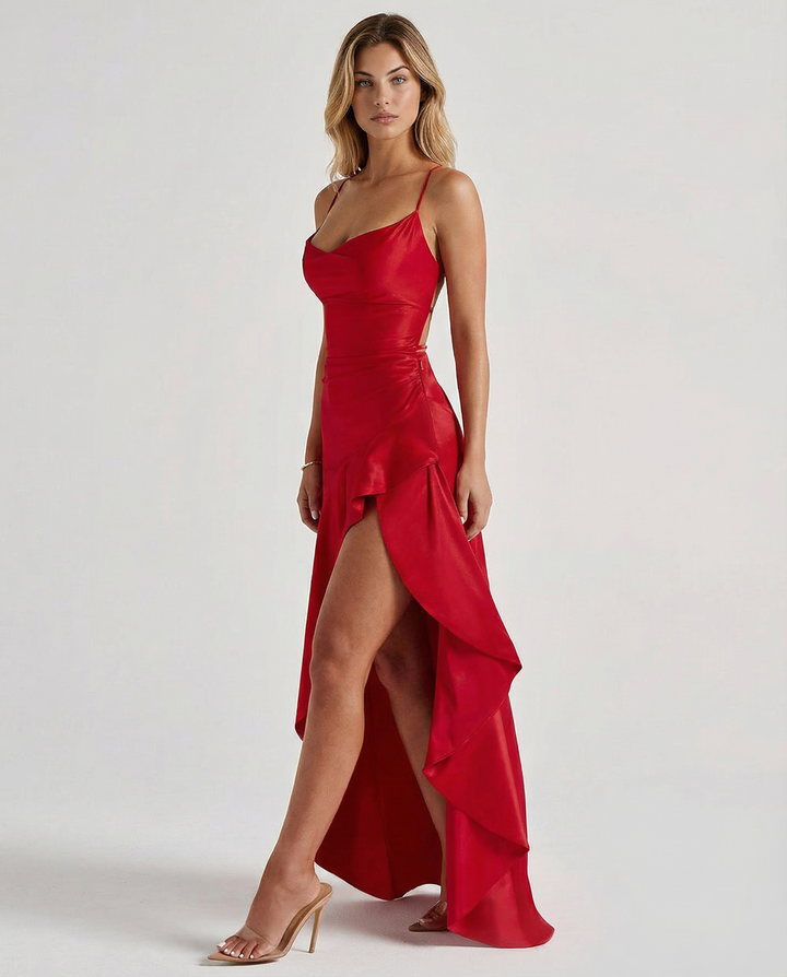 Woman wearing satin high low maxi dress