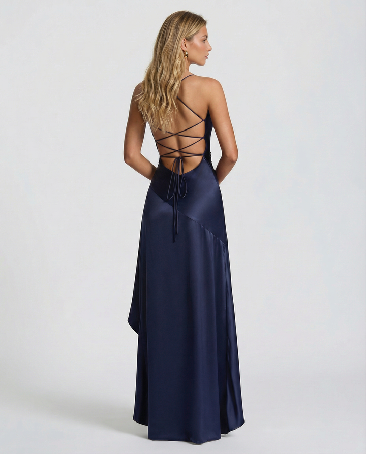 Woman wearing satin high low maxi dress