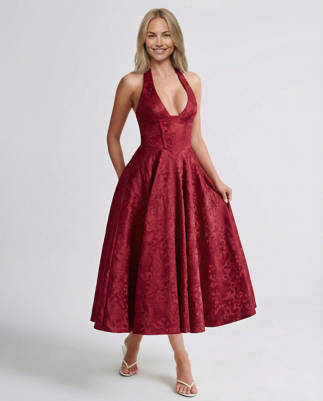 Woman wearing vintage halter midi dress