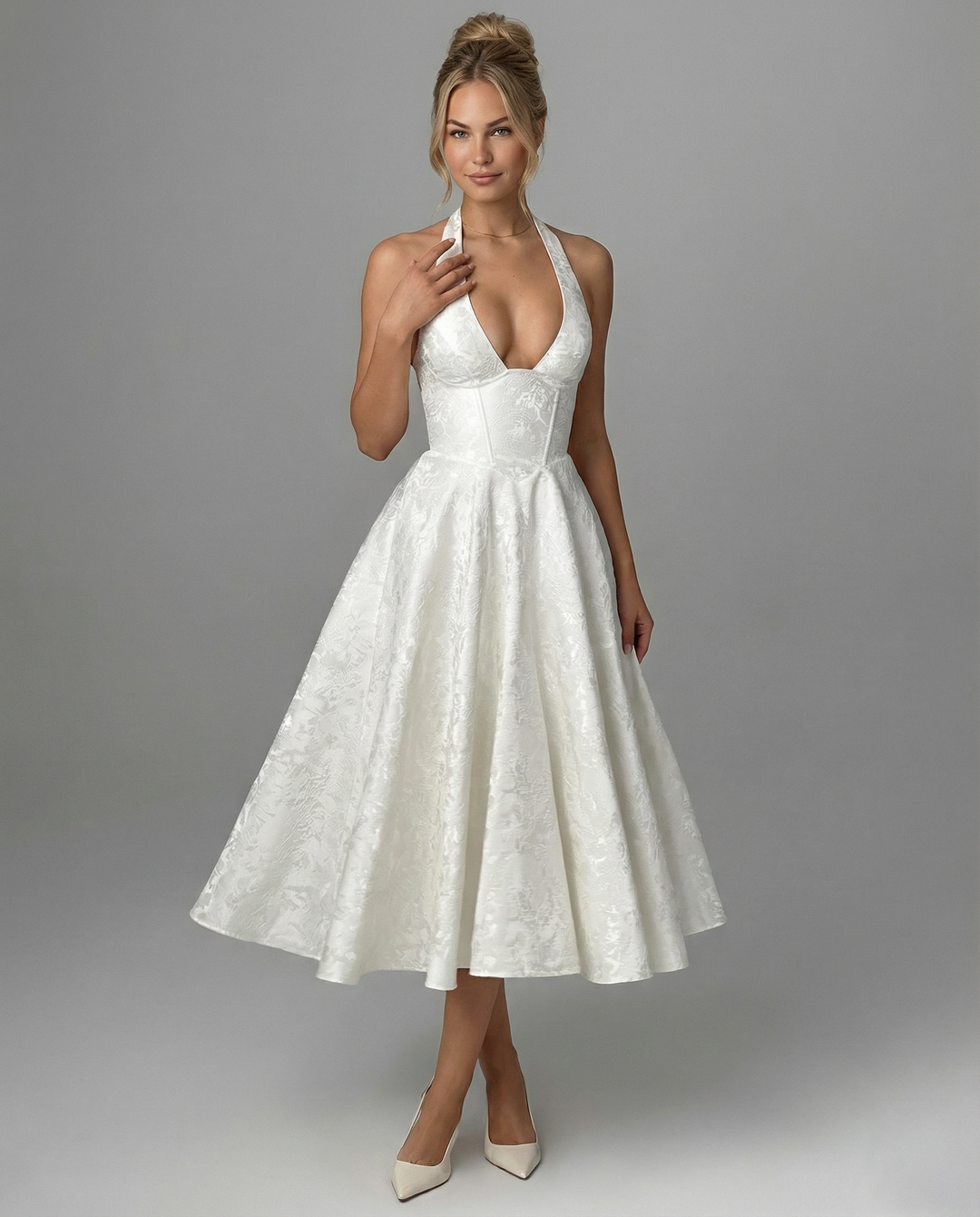 Woman wearing vintage halter midi dress