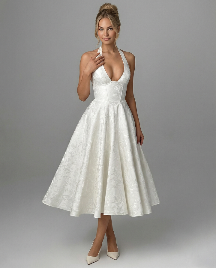 Woman wearing vintage halter midi dress