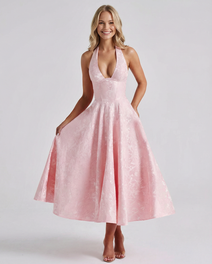Woman wearing vintage halter midi dress