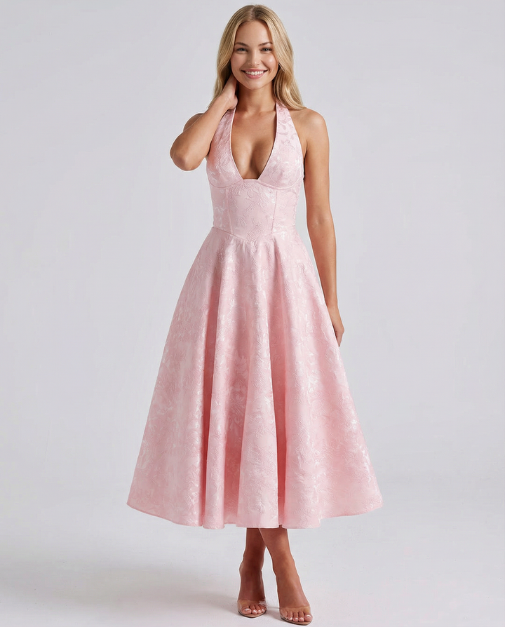 Woman wearing vintage halter midi dress
