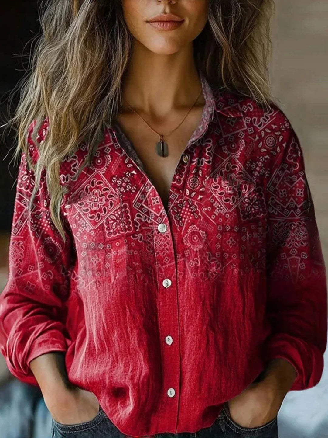 Josette Aldridge | Boho Print Long Sleeve Button-Up Blouse - Image 9
