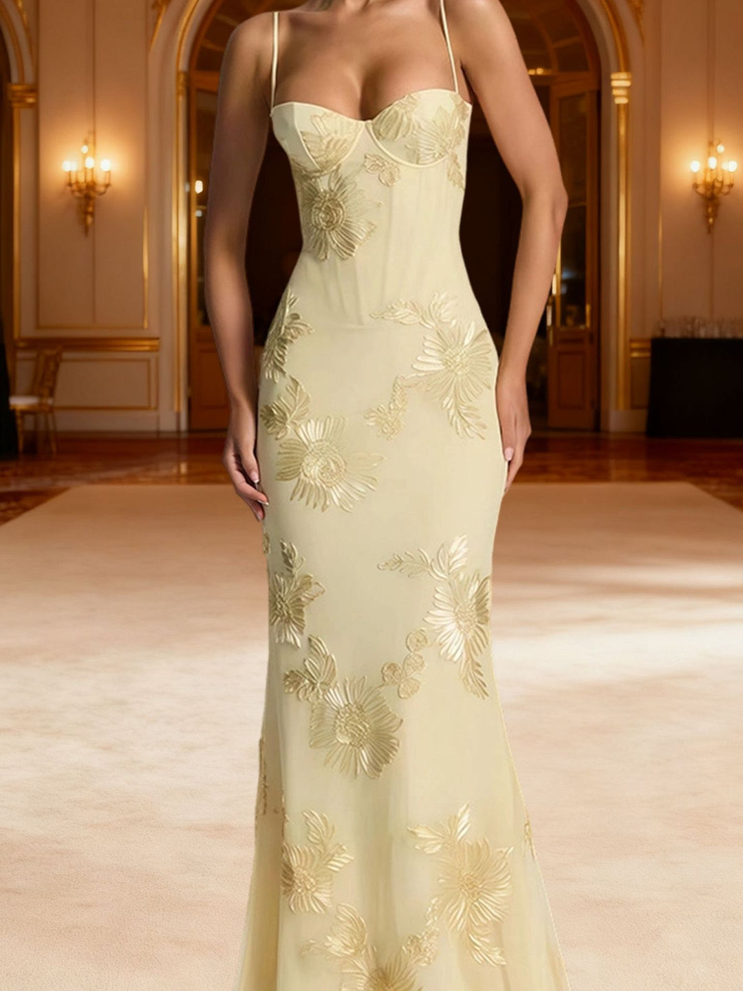 Woman wearing embroidered mermaid maxi dress