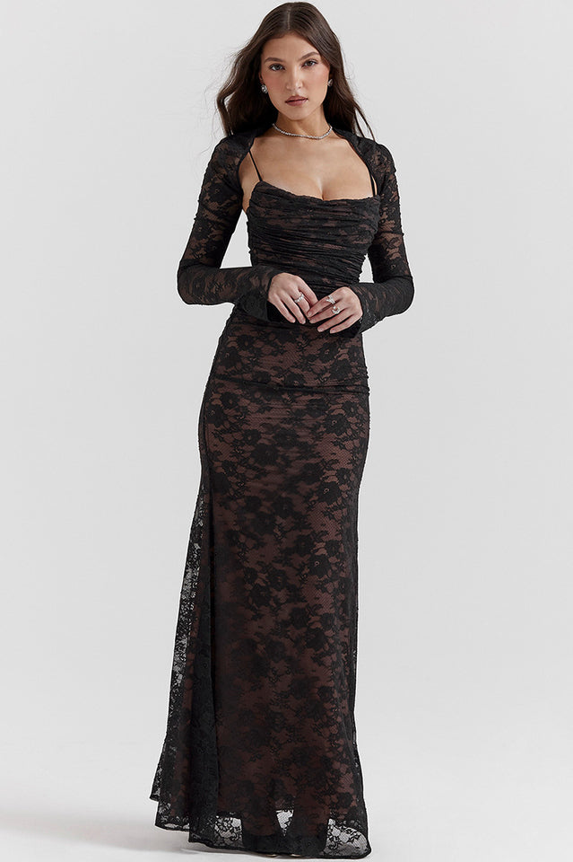 Woman wearing elegant lace maxi dress