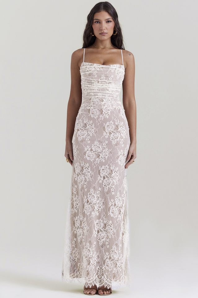 Woman wearing elegant lace maxi dress
