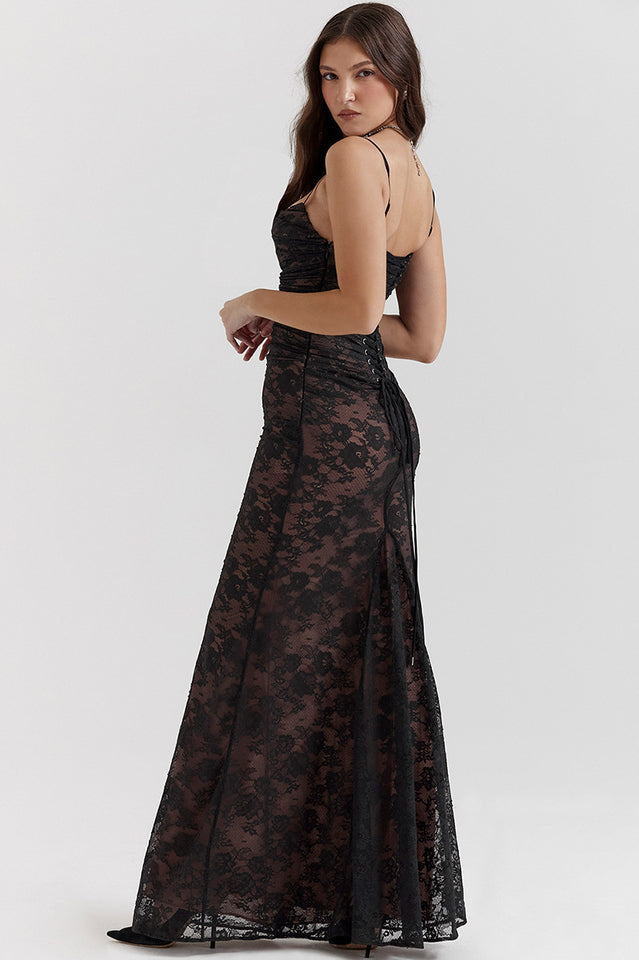 Woman wearing elegant lace maxi dress