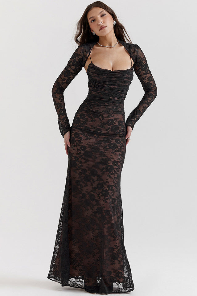 Woman wearing elegant lace maxi dress