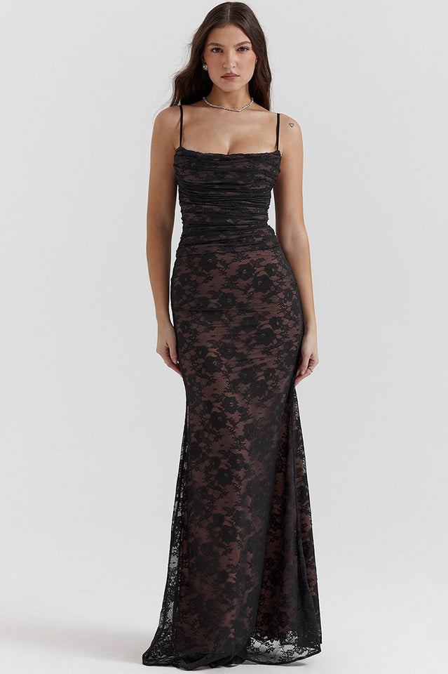 Woman wearing elegant lace maxi dress