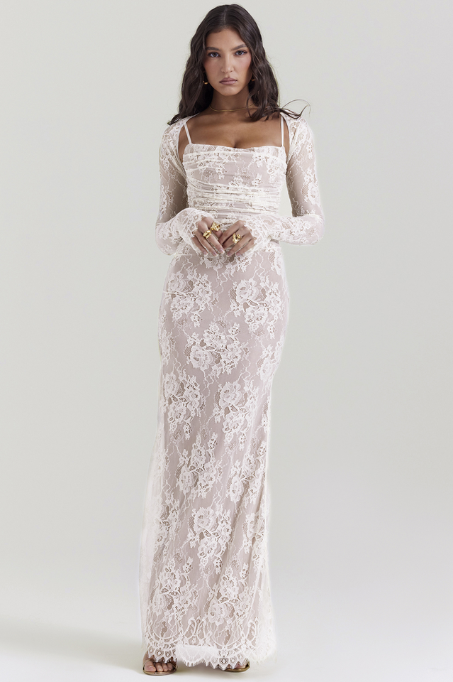 Woman wearing elegant lace maxi dress