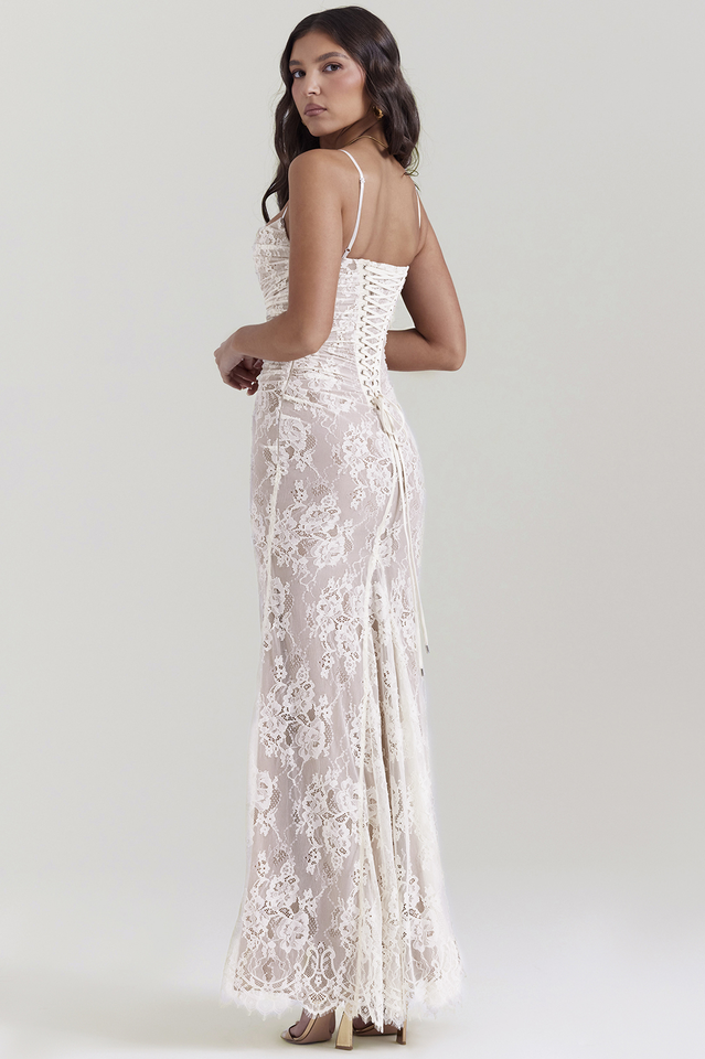 Woman wearing elegant lace maxi dress