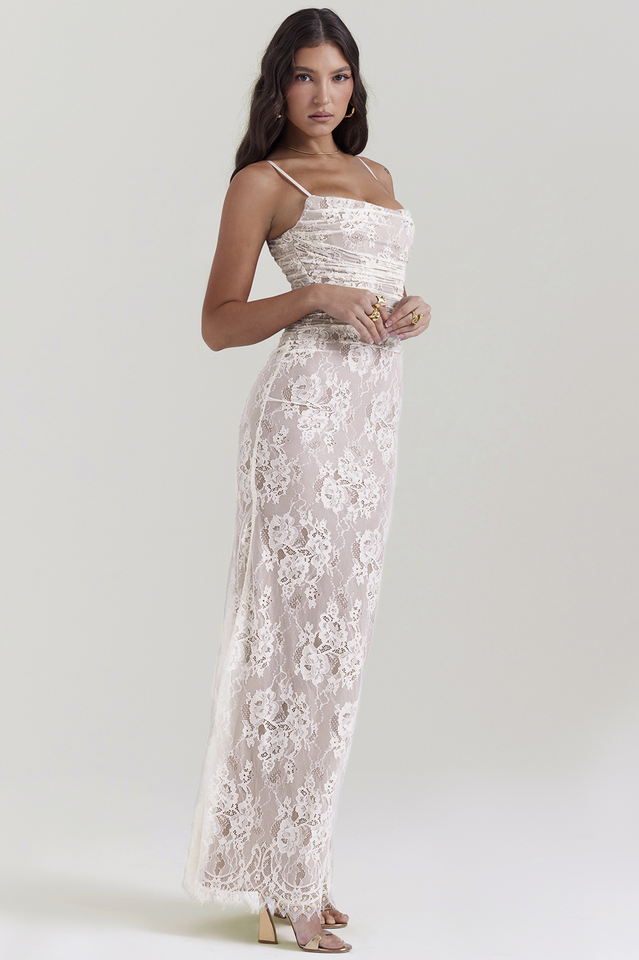Woman wearing elegant lace maxi dress