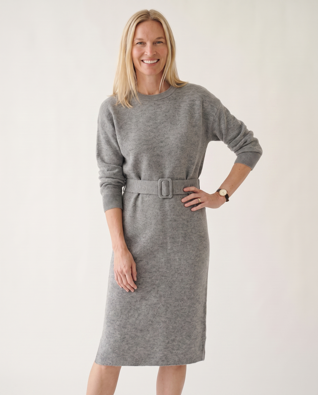 Woman wearing elegant knit midi dress