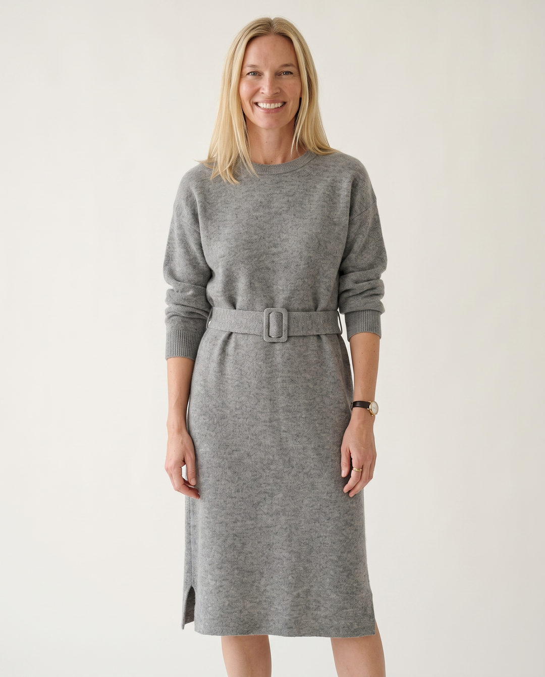Woman wearing elegant knit midi dress