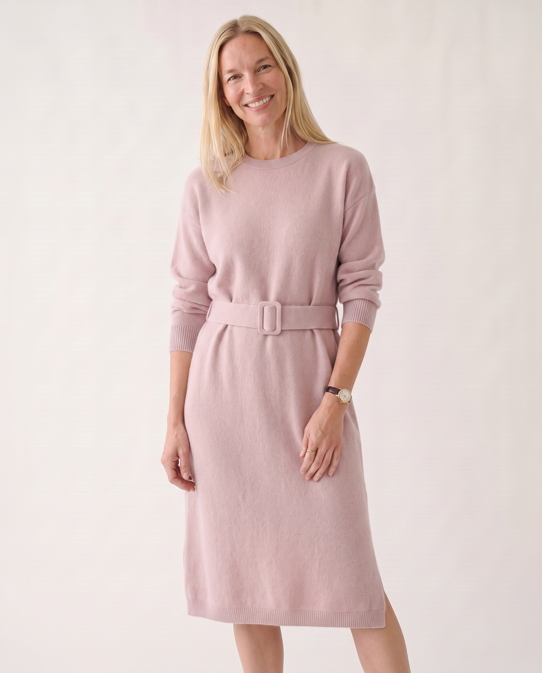 Woman wearing elegant knit midi dress