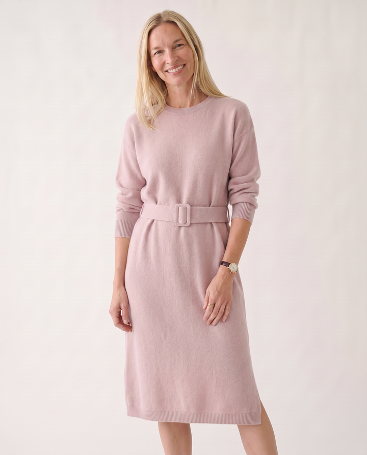 Woman wearing elegant knit midi dress