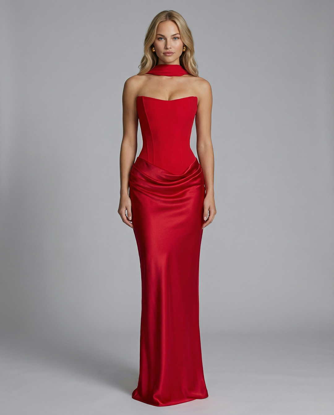 Woman wearing black satin corset maxi dress