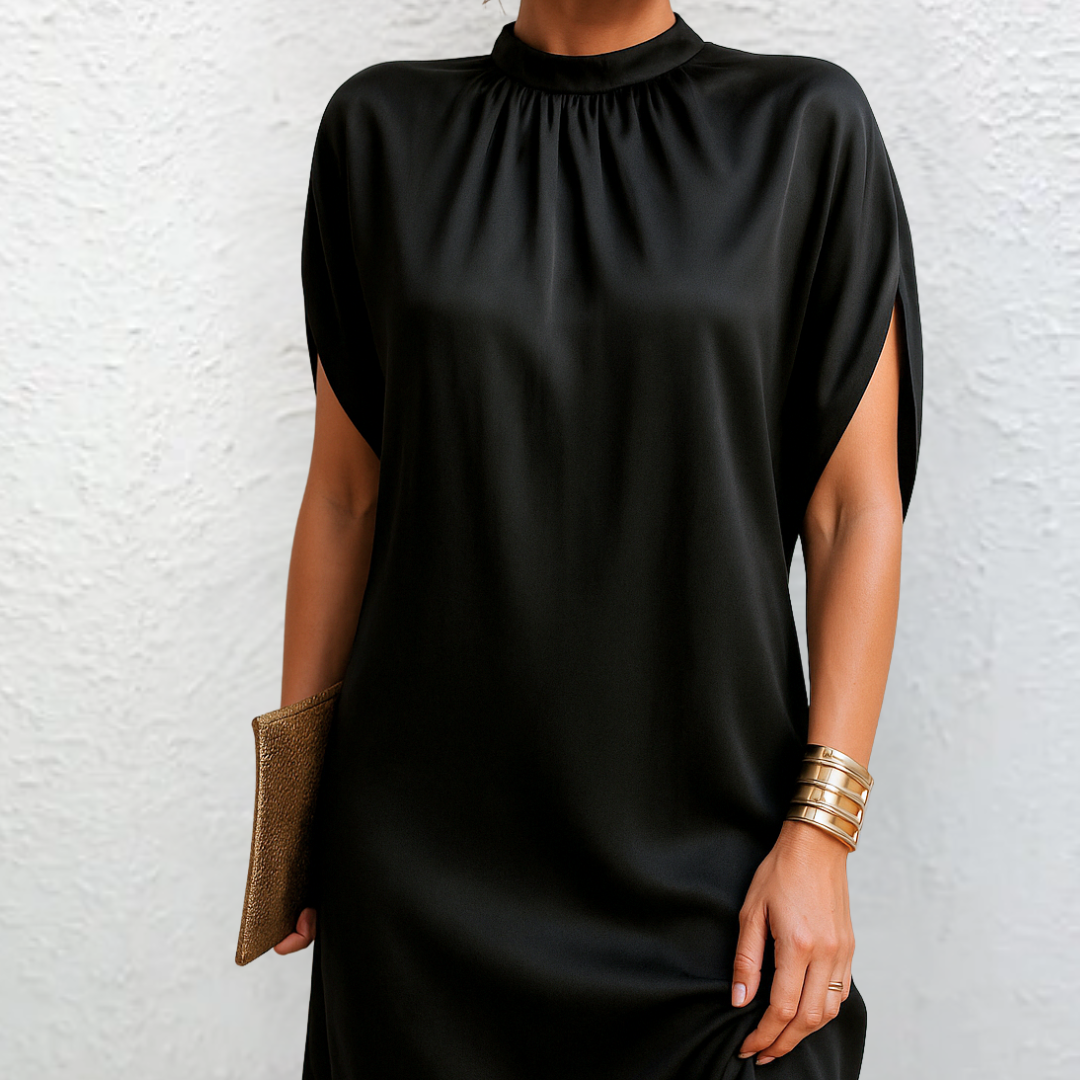 Woman wearing high-neck satin mini dress