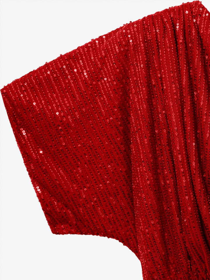 Mahaut Rieussec red sequin wrap dress with an off-shoulder neckline, short sleeves and knot-tie skirt