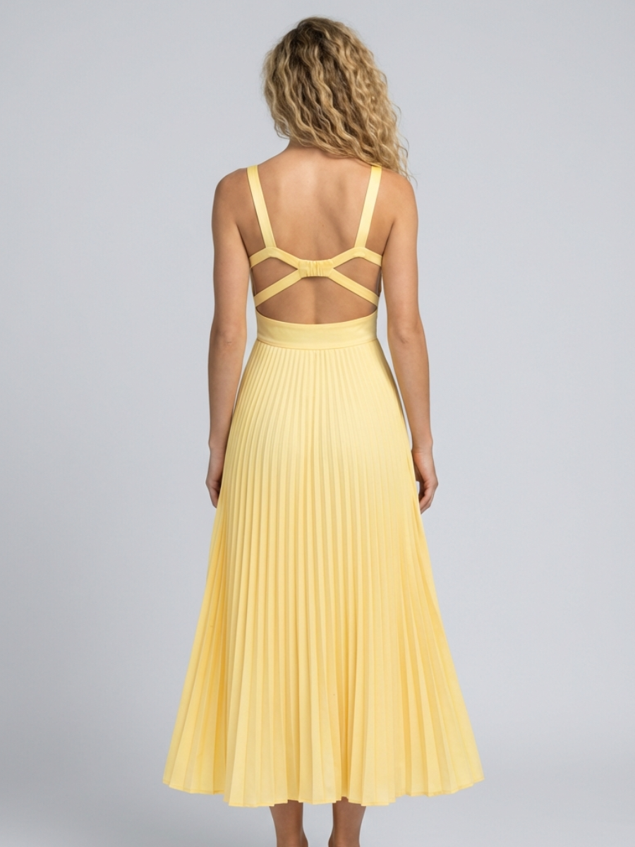 Woman wearing pleated maxi dress