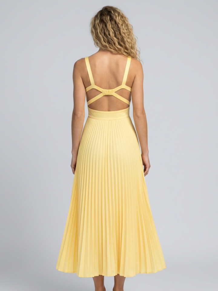 Woman wearing pleated maxi dress
