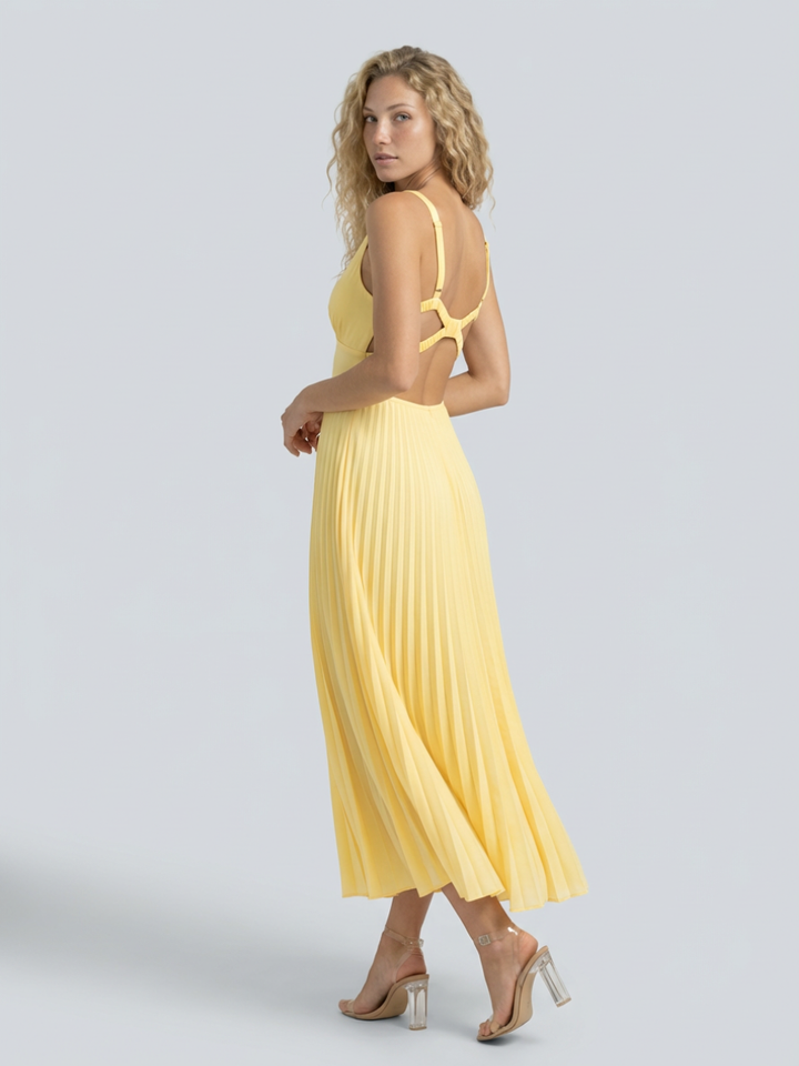 Woman wearing pleated maxi dress