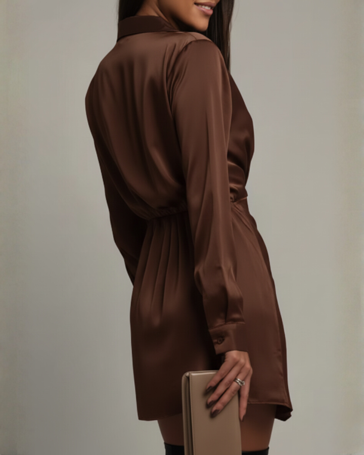 Woman wearing satin wrap mini dress