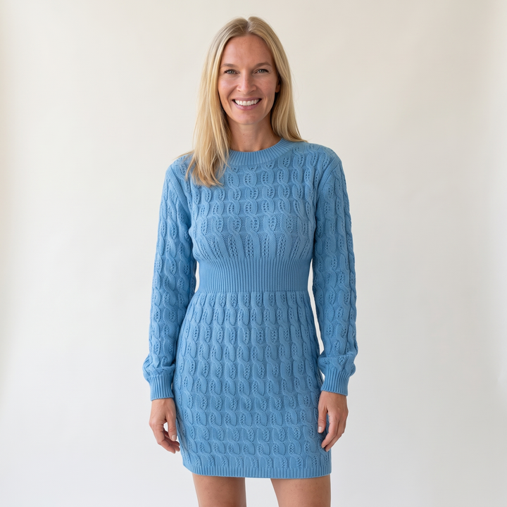 Woman wearing elegant knit mini dress