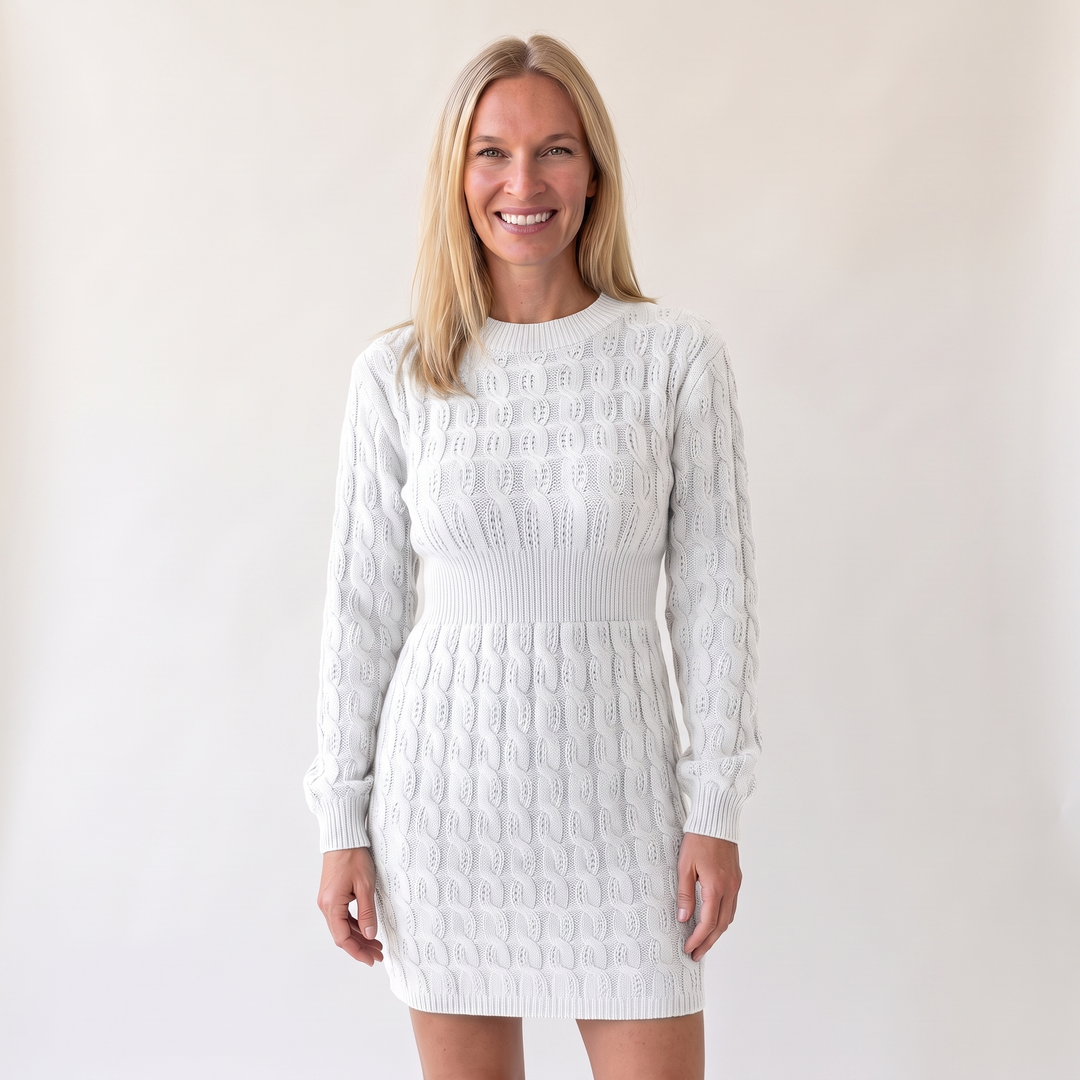 Woman wearing elegant knit mini dress