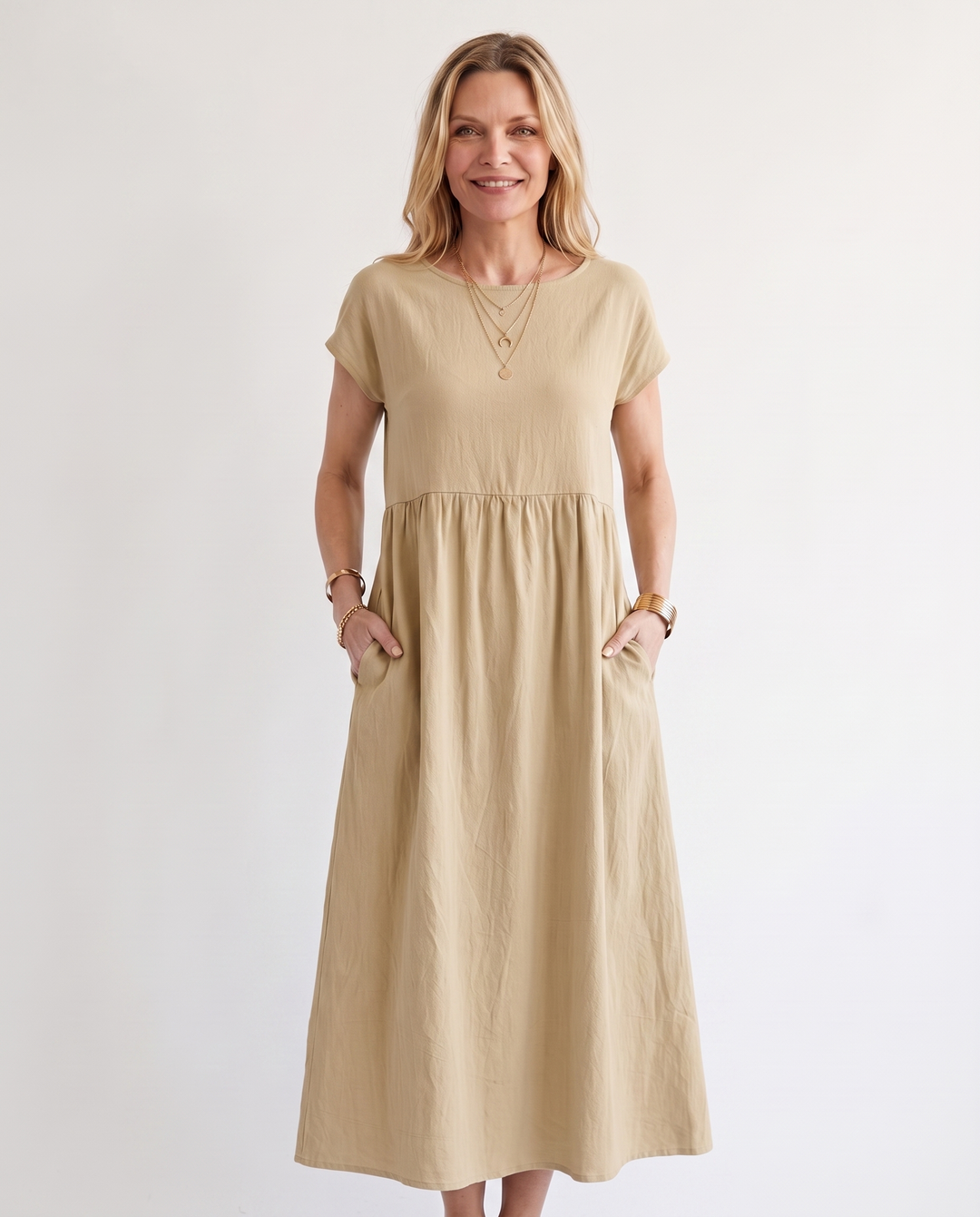 Woman wearing effortless linen midi dress