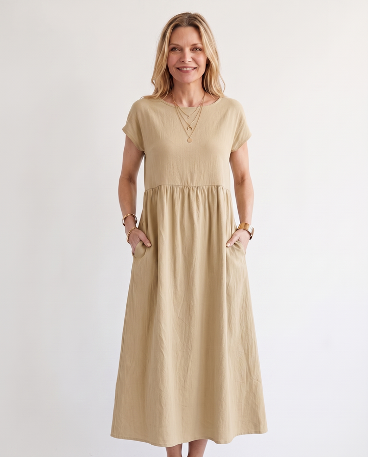 Woman wearing effortless linen midi dress