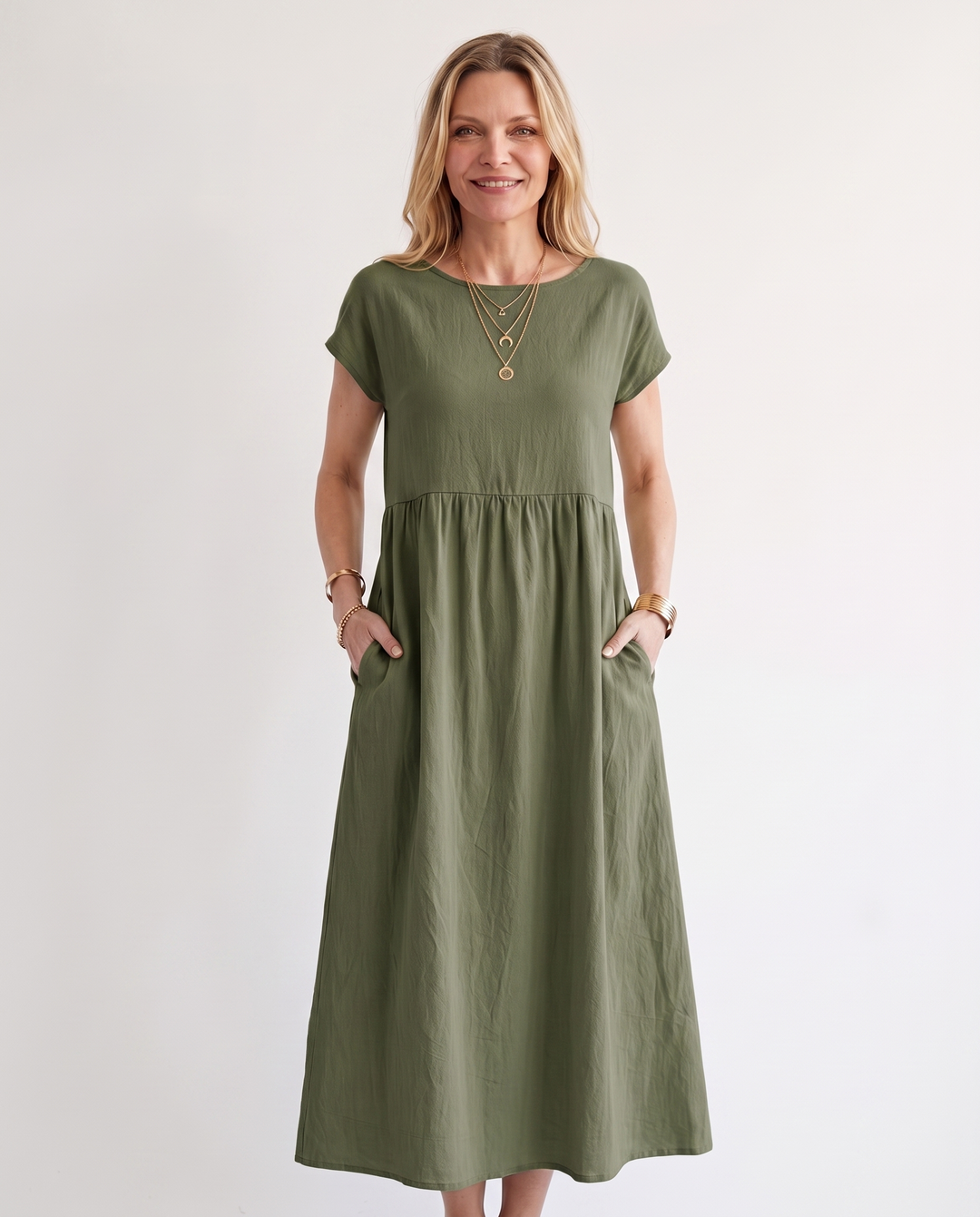 Woman wearing effortless linen midi dress