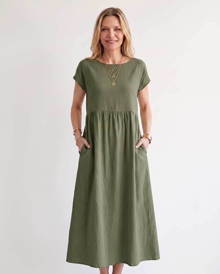 Woman wearing effortless linen midi dress