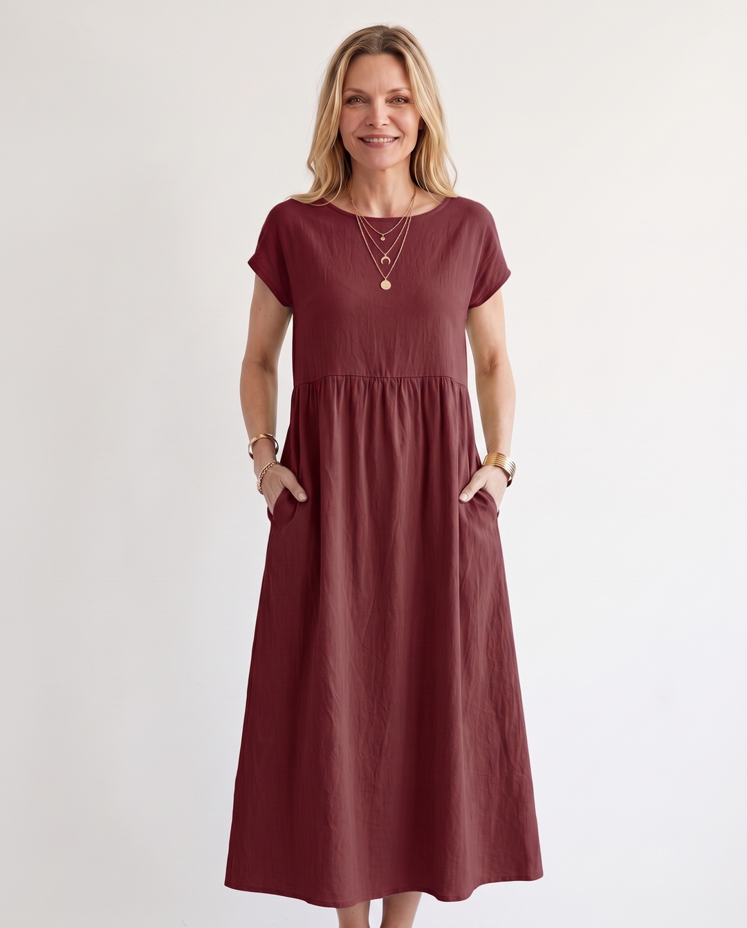 Woman wearing effortless linen midi dress