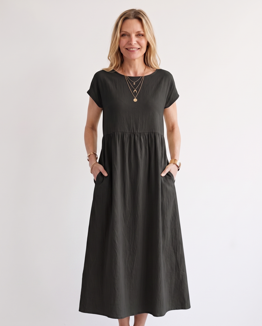 Woman wearing effortless linen midi dress