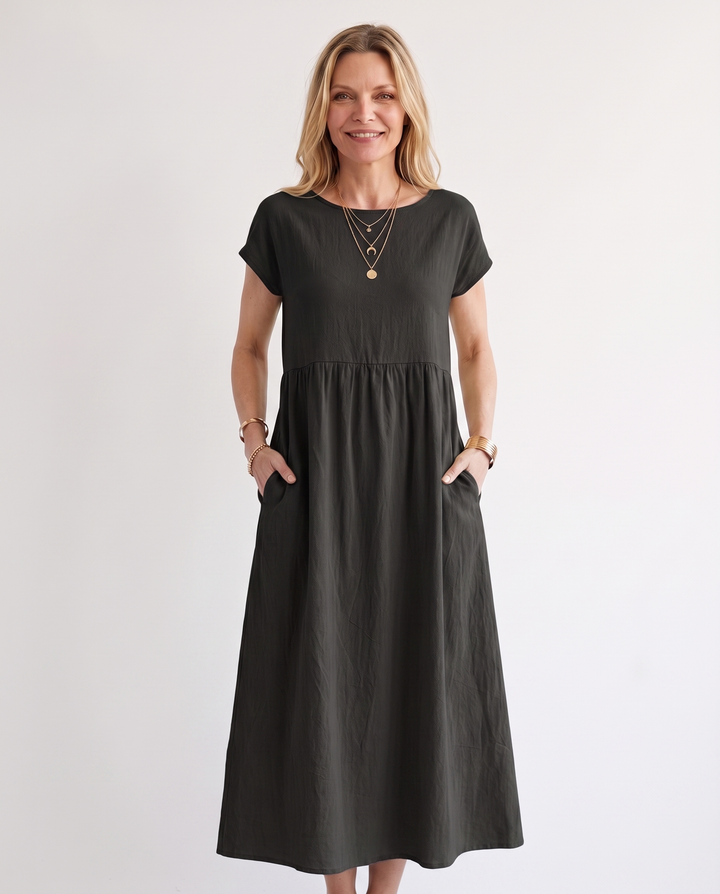 Woman wearing effortless linen midi dress