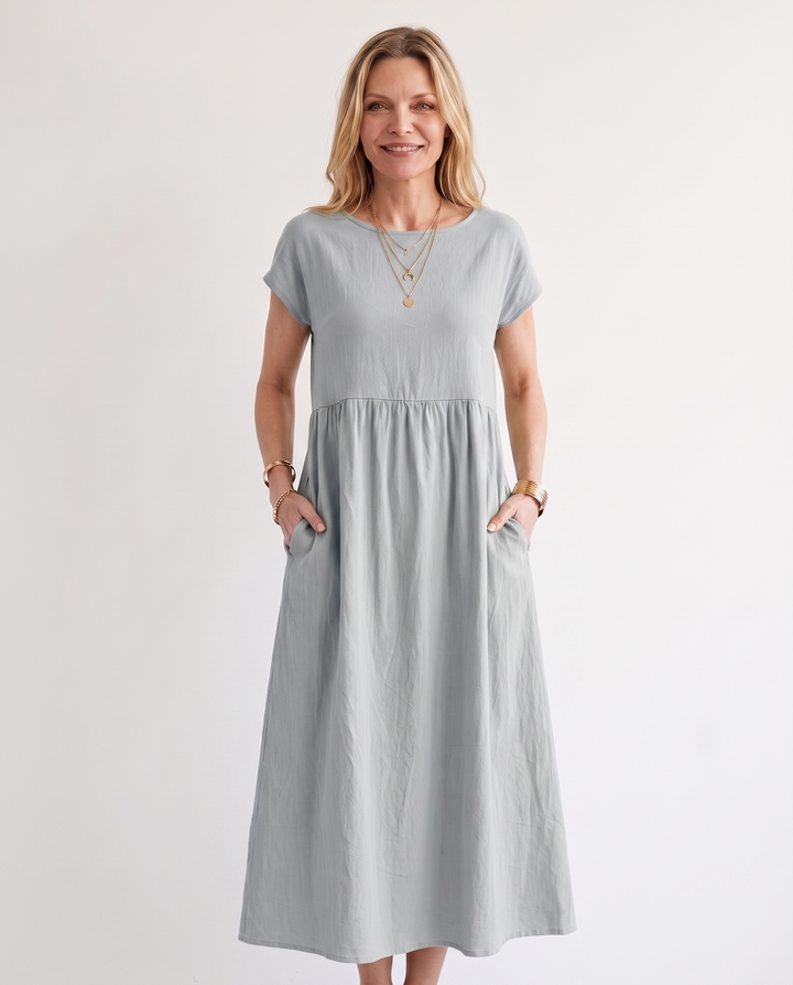 Woman wearing effortless linen midi dress
