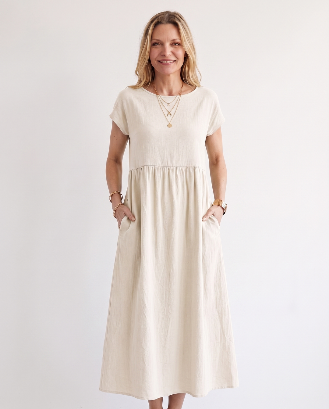 Woman wearing effortless linen midi dress