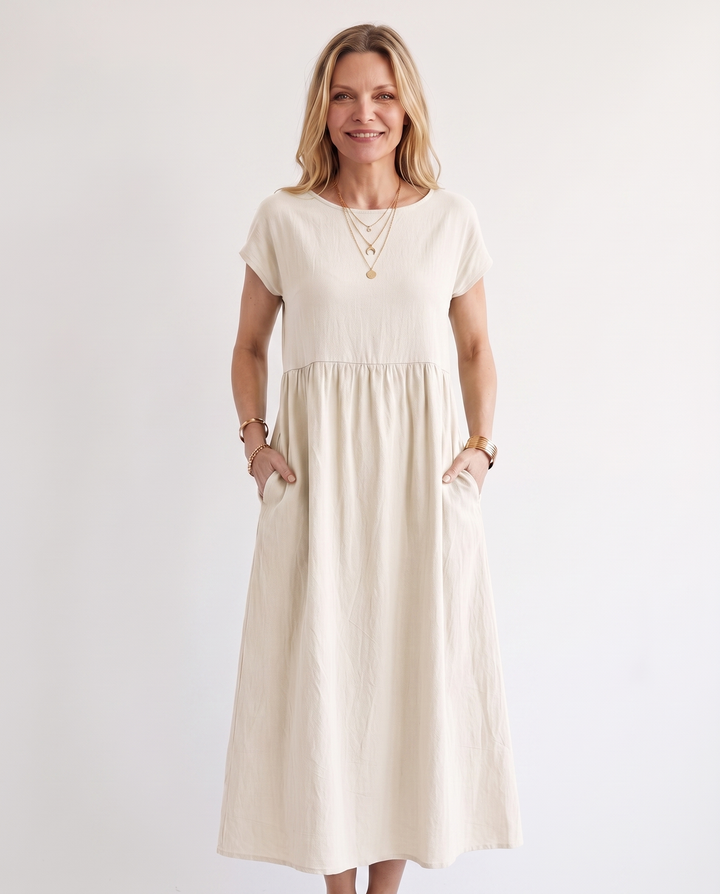 Woman wearing effortless linen midi dress